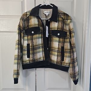 For The Republic Women's Cropped Plaid Black Denim Trucker Jacket Med NWT